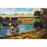 Daniel Novela (South African 1964-) CHILDREN FETCHING WATER UNDER THE BRIDGE signed; signed and