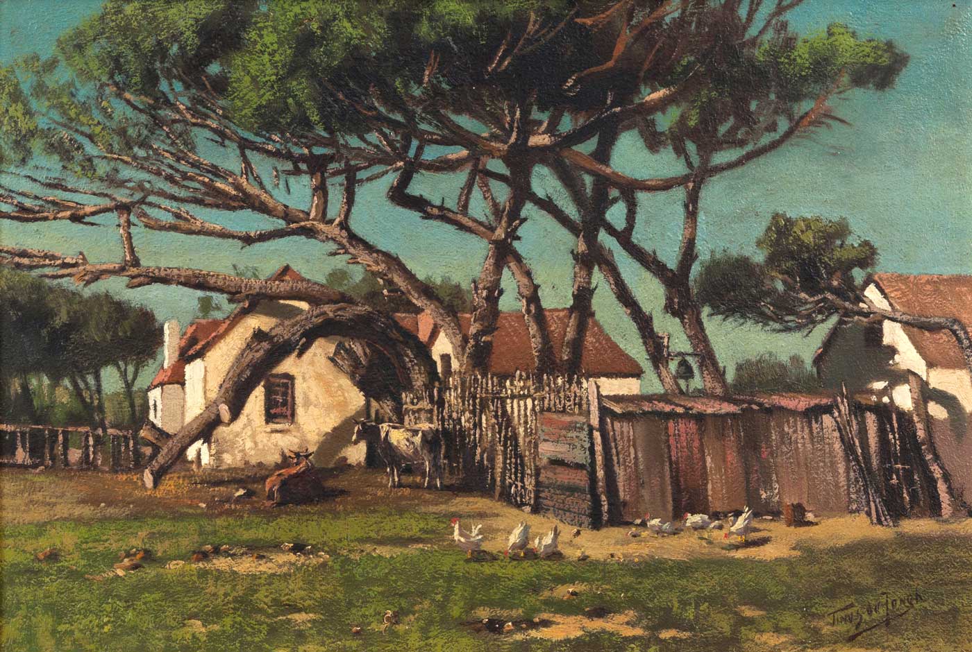 Tinus de Jongh (South African 1885-1942) HOUSE WITH CHICKENS signed oil on canvas 31 by 46,5cm