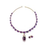 AN AMETHYST, PEARL AND DIAMOND NECKLACE Designed as a row oval mixed-cut amethysts, graduated in