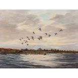 Hugh Monahan (Irish 1914-1970) BIRDS FLYING OVER NORFOLK BROADS signed and dated 1948 oil on