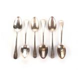 SIX GEORGE III SILVER HANOVERIAN PATTERN SERVING SPOONS, LONDON, VARIOUS MAKERS AND DATES