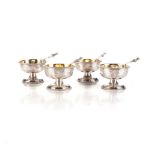 A SET OF FOUR VICTORIAN SILVER SALTS AND SPOONS, THOMAS FAIRBAIRN, LONDON, 1860