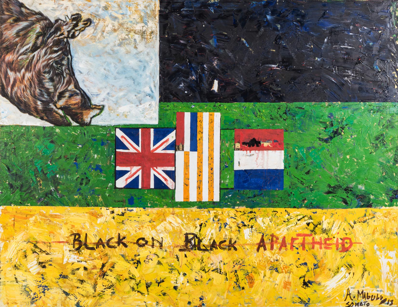 Ayanda Mabulu (South African 1981-) BLACK ON BLACK APARTHEID signed, dated 13 and inscribed "Soweto"