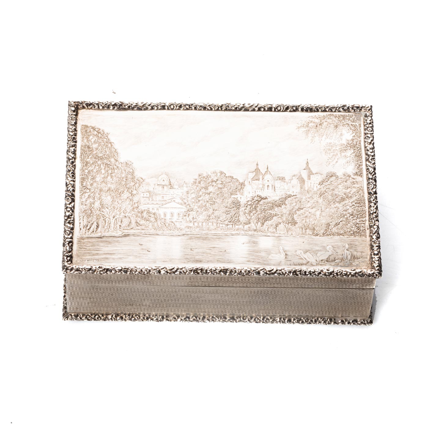 A SILVER CIGAR BOX, ALGERMON & ASPREY, LONDON, 1975 Rectangular-shaped, the engraved cover