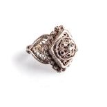 SILVER POISON RING CIRCA 1900S Filigree, 6.1 grams, makers mark embossed, secret compartment, size