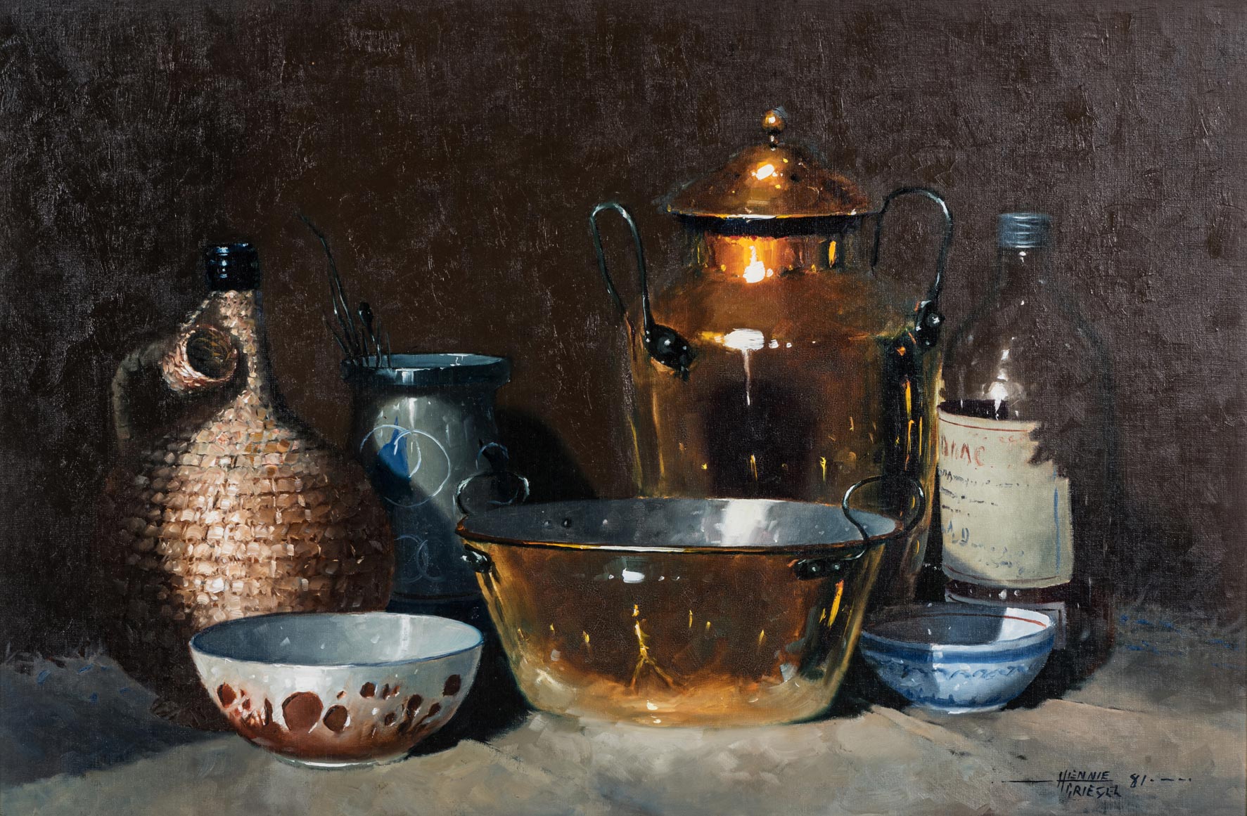 Hennie Griesel (South African 1931-) STILL LIFE WITH COPPER VESSELS, JARS AND BOWLS signed and dated