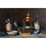 Hennie Griesel (South African 1931-) STILL LIFE WITH COPPER VESSELS, JARS AND BOWLS signed and dated