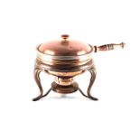 A COPPER AND BRASS CHAFING DISH With lid on brass stand and wooden handle