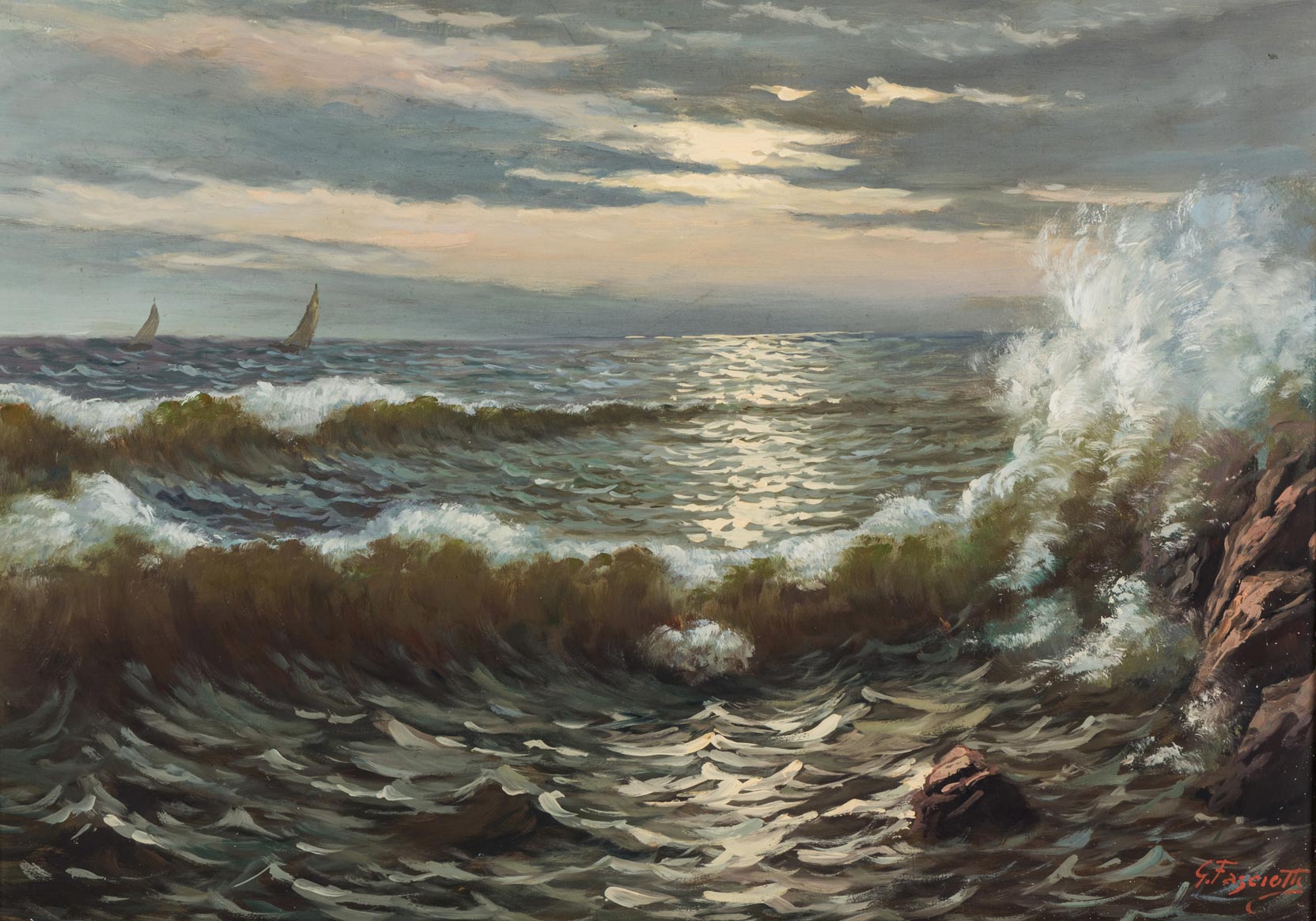 Gino Fasciotti (South African 1883-1961) CRASHING WAVES signed oil on board 41,5 by 59cm