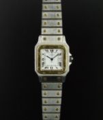 MID SIZE CARTIER SANTOS TWO-TONE, ORIGINAL BRACELET, AUTOMATIC WRISTWATCH, square white dial with