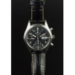 GENTLEMEN'S IWC CHRONOGRAPH WRISTWATCH W/ BOX & PAPERS, circular black triple register dial with