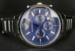 GENTLEMEN'S EMPORIO ARMANI CHRONOGRAPH WRISTWATCH, circular blue two tone dial with silver hour
