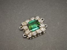 Tourmaline and diamond set necklace clasp, mounted in unmarked white metal, with push-in tongue,
