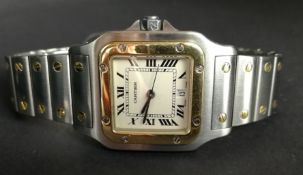 MID SIZE CARTIER SANTOS WRISTWATCH REF. 1566, square off white dial with roman numerals and gun