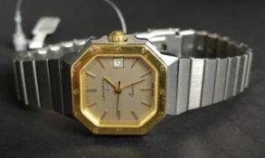 LADIES' LONGINES BI-COLOUR WRISTWATCH, square dial with baton hour markers, gold bezel with screw