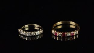 Pair of synthetic ruby and cubic zirconia rings, one mounted in hallmarked 14ct white gold, the