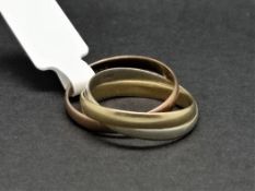 Tri-colour Russian wedding band, stamped 9ct, ring size M, gross weight approximately 3.4 grams.