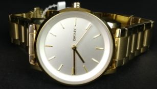 LADIES' DKNY QUARTZ WRISTWATCH, ref NY-2343, 34mm circular gold plated case, round off-white dial,