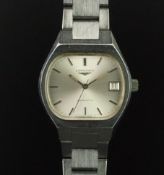 GENTLEMEN'S LONGINES AUTOMATIC DATE WRISTWATCH, oval silver dial with silver hour markers and a date
