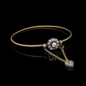 Diamond cluster bangle, old cut diamond daisy cluster, on a rope design bangle in unmarked yellow