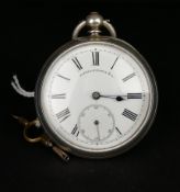 SILVER OPEN FACE POCKET WATCH WITH KEY, round white dial signed Alfred Russell & Co., black Roman