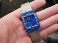 MID SIZE CENTURY 18K WHITE GOLD SAUDI DIAL WRISTWATCH, rectangular blue two tone dial with saudi