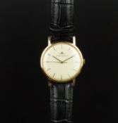 GENTLEMEN'S JAEGER LE COULTRE 18K GOLD DRESS WATCH, circular off white dial with thin gold hour