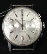 GENTLEMEN'S GRUEN CHRONOGRAPH VINTAGE WRISTWATCH, circular silver twin register dial with baton hour