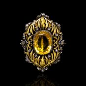 Antique citrine and diamond decorative brooch, mounted in yellow and white metal, pin with partial