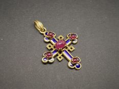 Ruby and enamel cross pendant, mounted in unmarked yellow metal, set with five cabochon rubies, with