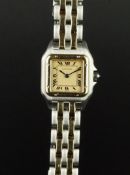 LADIES' CARTIER SANTOS TWO-TONE, REF. 166921, QUARTZ WRISTWATCH, square gold tone dial with blued