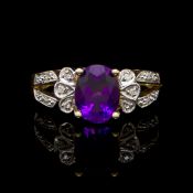 Amethyst and diamond ring, mounted in hallmarked 9ct yellow gold, central oval amethyst four claw