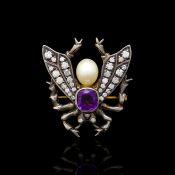 Amethyst, diamond and pearl fly brooch, mounted in yellow and white metal, tested as silver and 9ct,