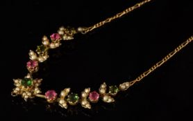 Peridot, pink tourmaline and seed pearl necklace, floral design, on a integrated yellow metal