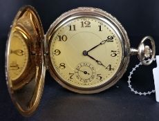MANUAL WIND POCKET WATCH, in yellow metal stamped 'Gold Double' to inner case, gold tone face with
