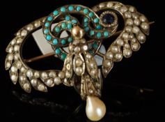 Diamond, sapphire, turquoise and pearl fancy brooch, mounted in unmarked yellow and white metal,