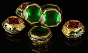 TO BE SOLD WITHOUT RESERVE - Set of seven enamelled green gem set pieces, in yellow metal testing as