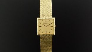 MID SIZE VACHERON & CONSTANTIN 18ct GOLD VINTAGE WRISTWATCH, square linen two tone gold dial with