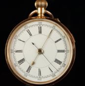 9K ROSE GOLD OPEN FACE WHITE DIAL POCKET WATCH, circular white dial with leaf hands, central seconds