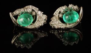 Pair of emerald and diamond cluster stud earrings, mounted in white metal with partial marks, each