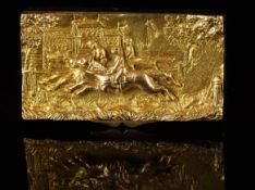 Solid 9ct yellow gold trinket box, hallmarked London 1977, embossed with a horse racing scene,