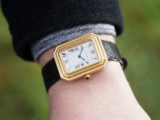 CARTIER 18CT WRISTWATCH, white rectangular dial with black Roman numerals, octagonal 18ct stepped