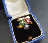 Vintage sapphire, emerald, ruby and diamond multi cluster cocktail ring, mounted in yellow metal