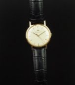 GENTLEMEN'S JAEGER LE COULTRE 18K GOLD DRESS WATCH, circular off white dial with thin gold hour