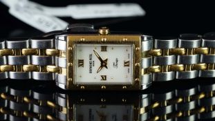 LADIES' RAYMOND WEIL TANGO BI-COLOUR WRISTWATCH, rectangular white dial with gold dot hour markers