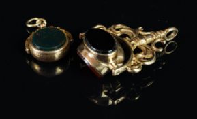 A pair of seals, triple seal with cornelian, onyx and bloodstone, older double seal, cornelian and