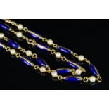 Pearl and blue enamel necklet, bolt ring stamped 750, gold enamel torpedo shaped sections