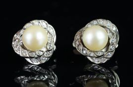 Pair of pearl and diamond cluster earrings, mounted in white metal with French import marks and