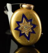 Antique old cut diamond enamel locket, in unmarked yellow metal, central star designed set with nine