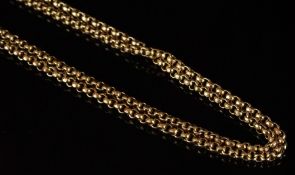 Long facetted belcher link chain, stamped 9c, with bolt ring clasp, total length approximately